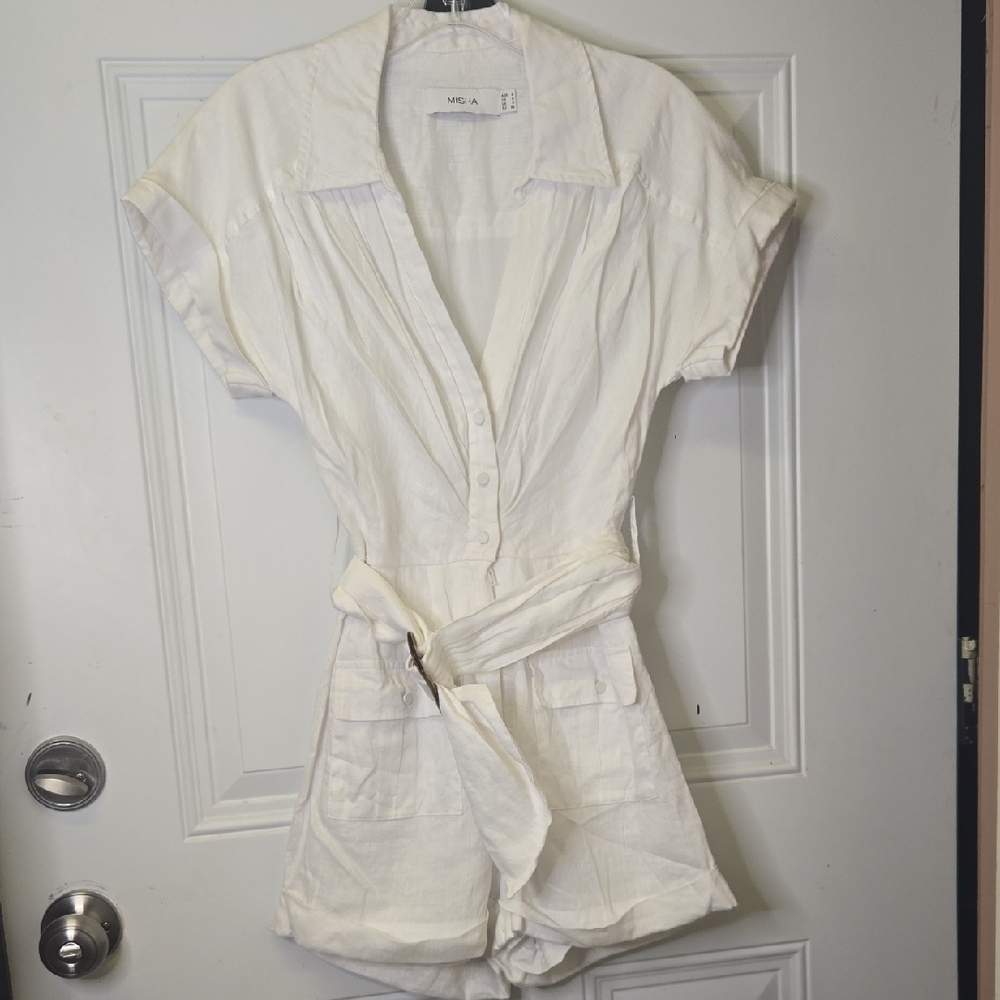MISHA White Button-Up Romper with Belt 100% Linen